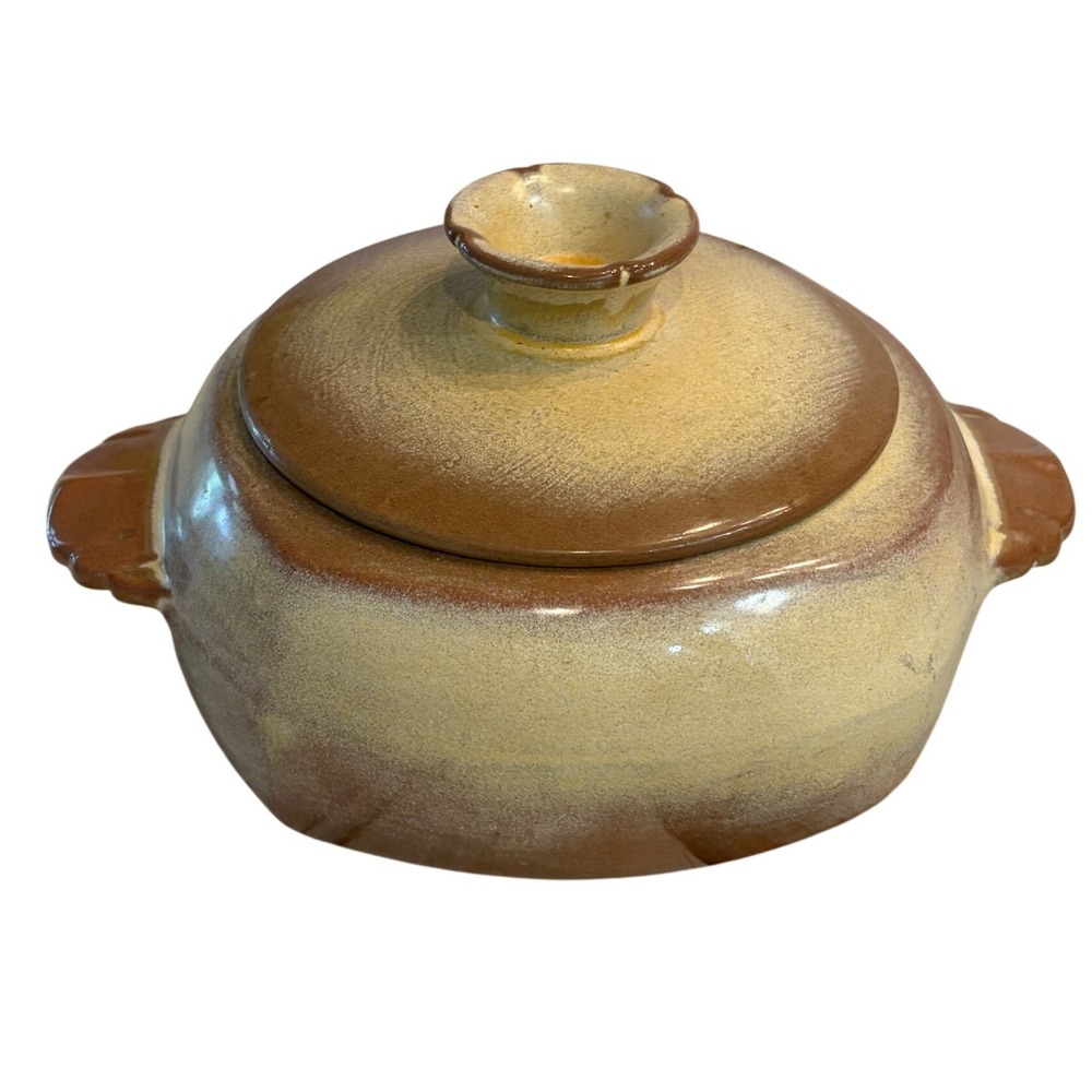 Vintage Studio Pottery Lidded Bean Pot Casserole Dish Brown Tan FRANKOMA